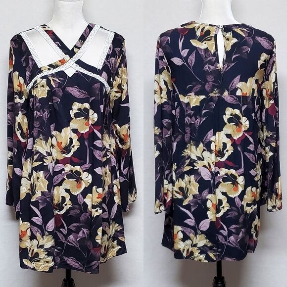 ANTHROPOLOGIE Entro Blue Purple Boho Floral Flare Sleeve Keyhole Swing Dress - Picture 1 of 13